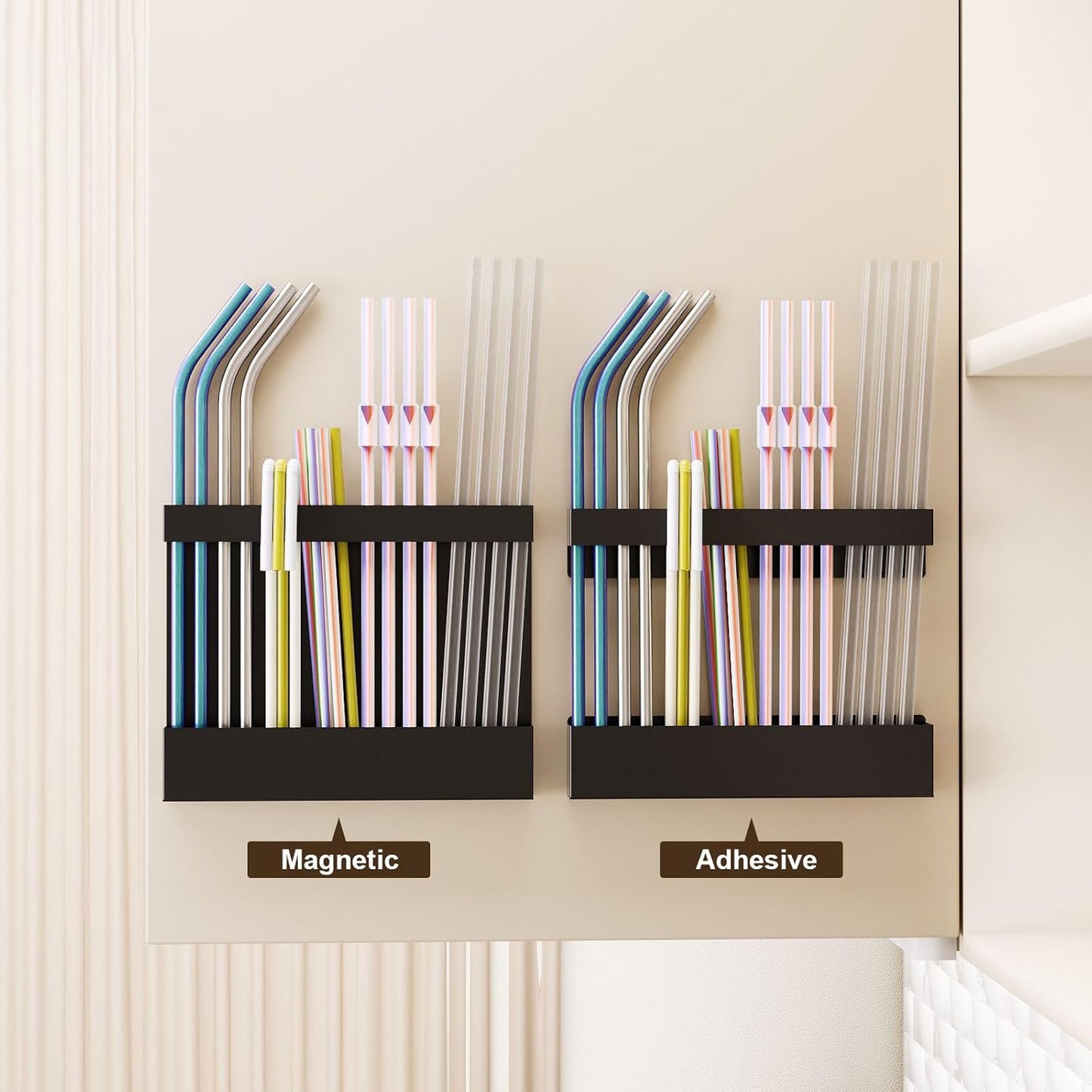 Magnetic & Adhesive Straw Organizer – Carbon Steel Utensil Holder for Reusable Straws, Chopsticks &