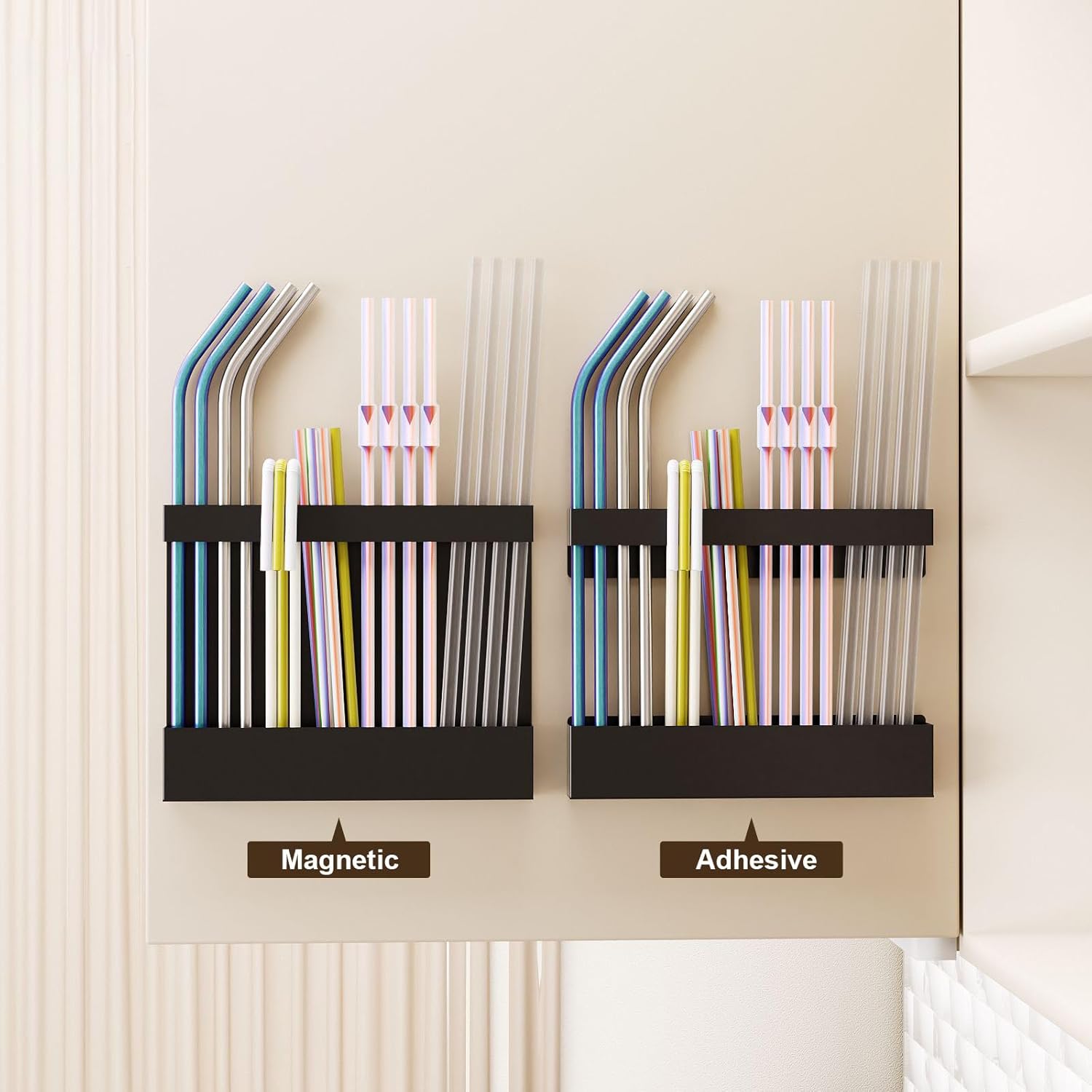 Magnetic & Adhesive Straw Organizer – Carbon Steel Utensil Holder for Reusable Straws, Chopsticks &