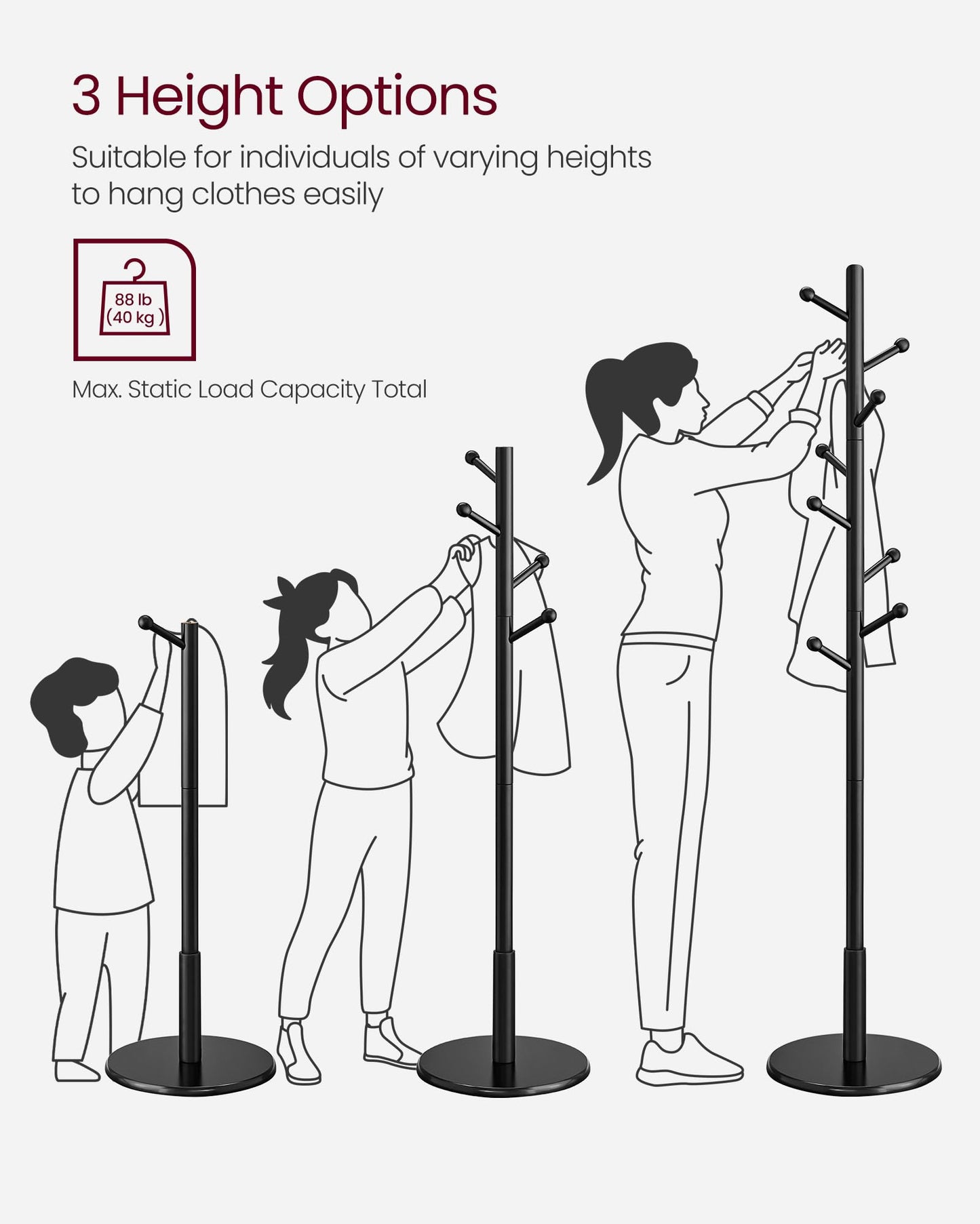 VASAGLE Solid Wood Coat Rack, Free Standing Hall Coat Tree with 8 Hooks, 3 Height Options, for