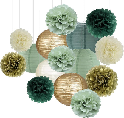 zilue Sage Green Party Decorations, Sage Green Paper Lanterns and Pom Poms Flowers for Birthday