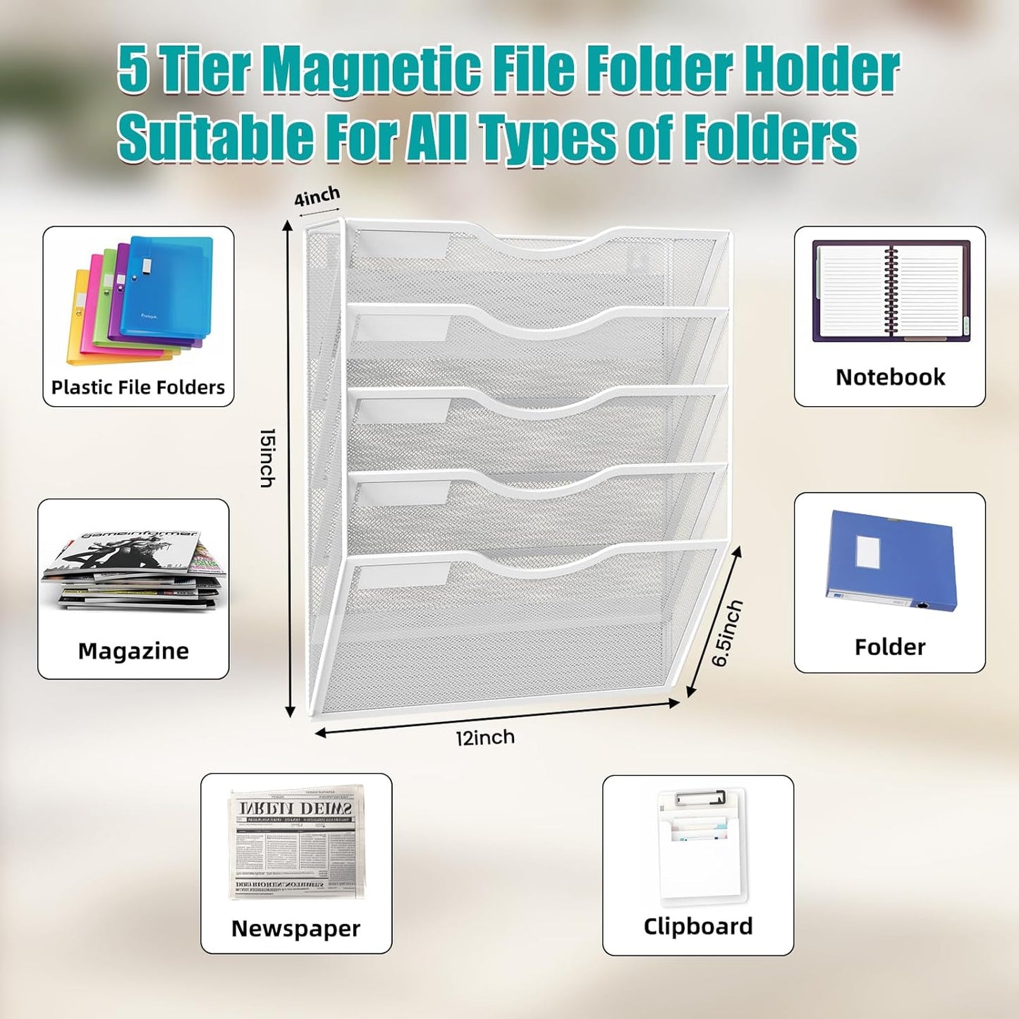 5-Tier Magnetic File Organizer, No Drilling Installation, White Magnetic Paper Holder, Magazine