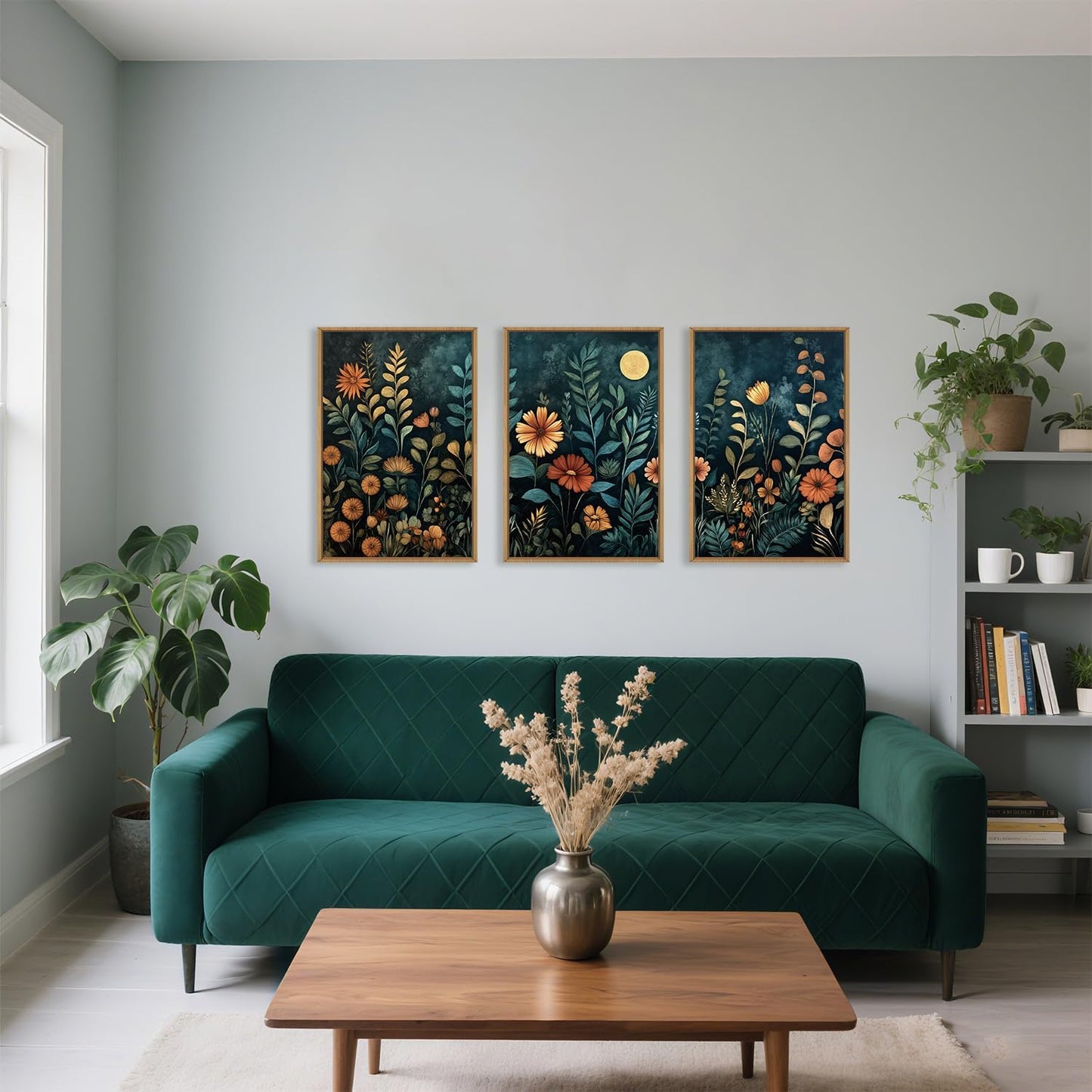 Vintage Dark Botanical Framed Canvas Wall Art Set, Colorful Floral Wall Decor, Nature Wildflower