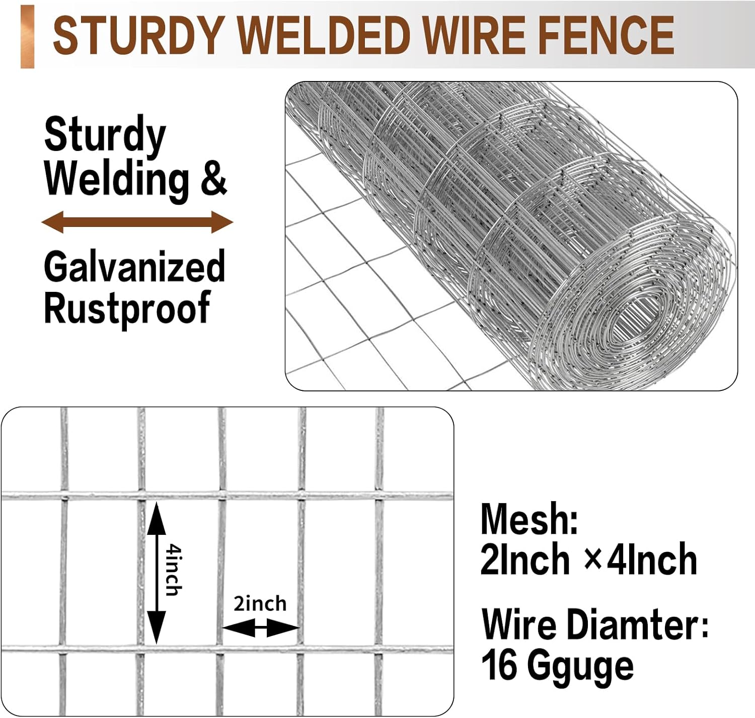 Tongmo 3 ft x 100 ft Galvanized Welded Wire Fence, 16GA Garden Chicken Wire Fence Roll, Mesh Size