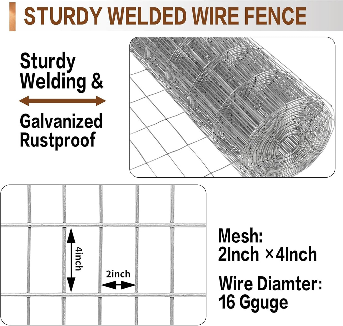 Tongmo 4 ft x 100 ft Galvanized Welded Wire Fence, 16GA Garden Chicken Wire Fence Roll, Mesh Size