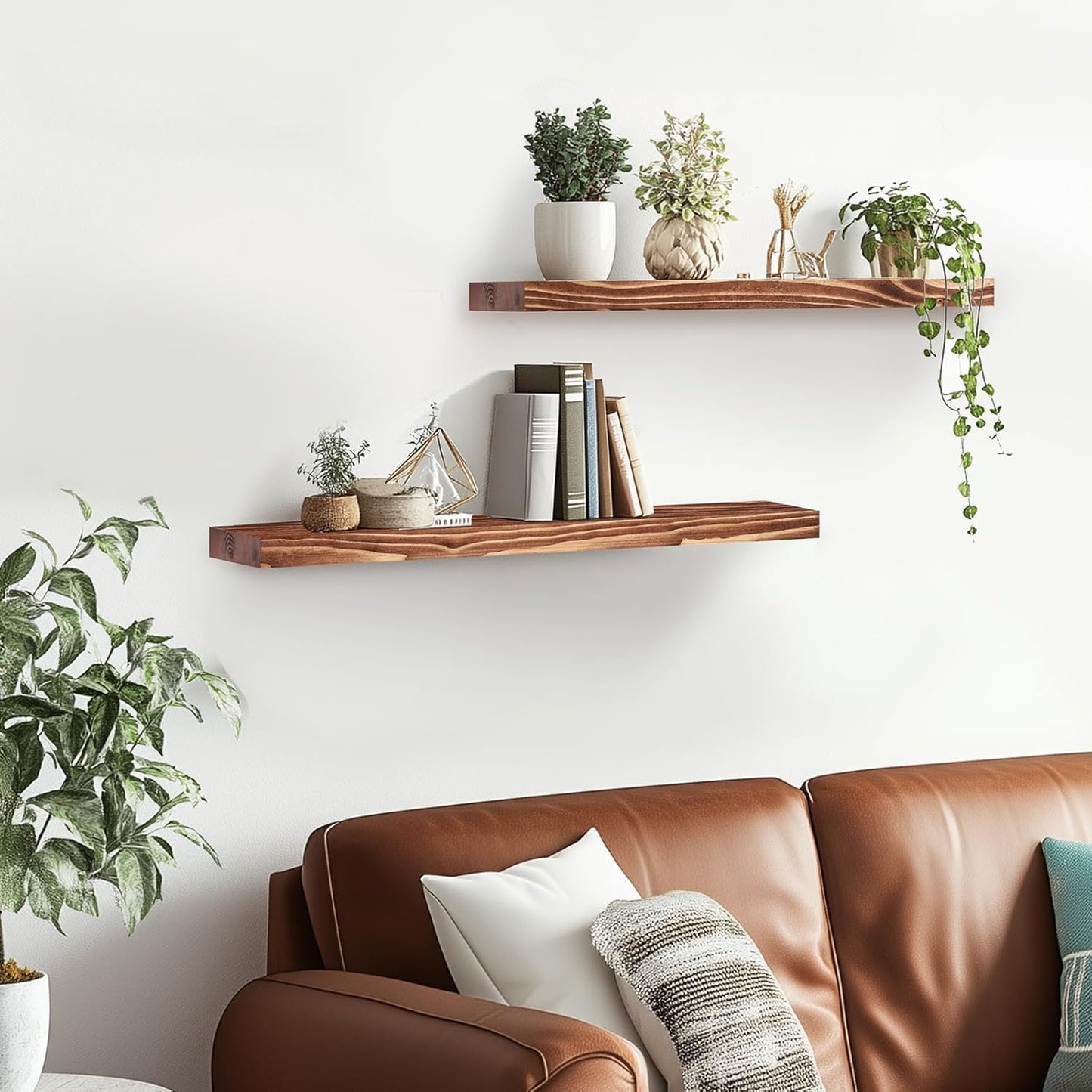 Floating Wall Shelves 2-Pack - Rustic Brown 16-inch Wooden Wall Shelves for Storage and Décor