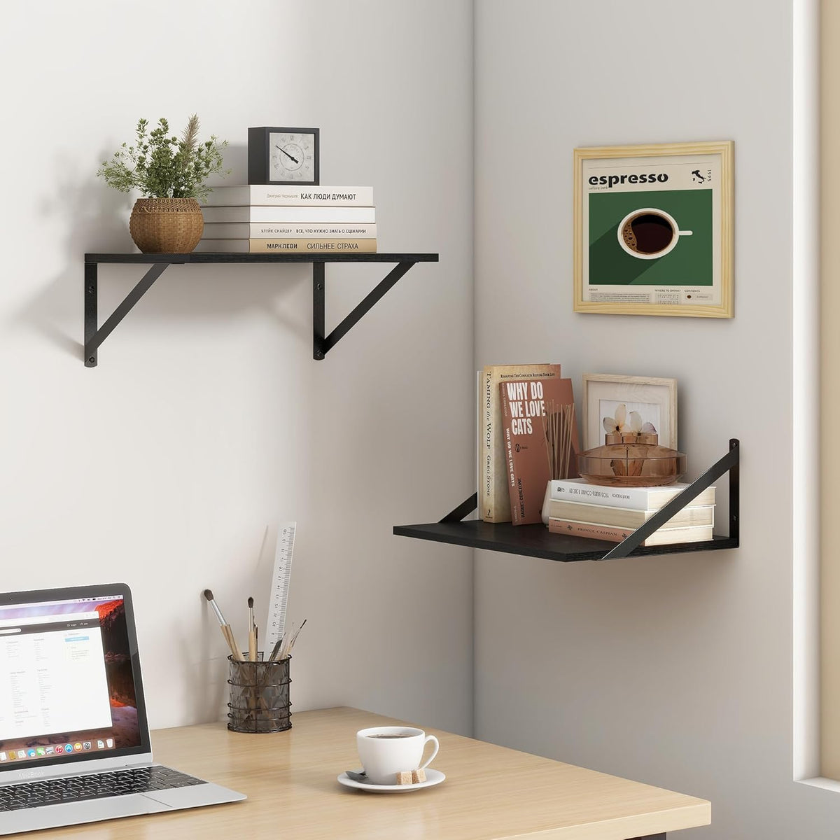 Fun Memories Deep Floating Shelves for Wall, 12 Inch Deep Black Floating Shelves Set of 2, 16" W x