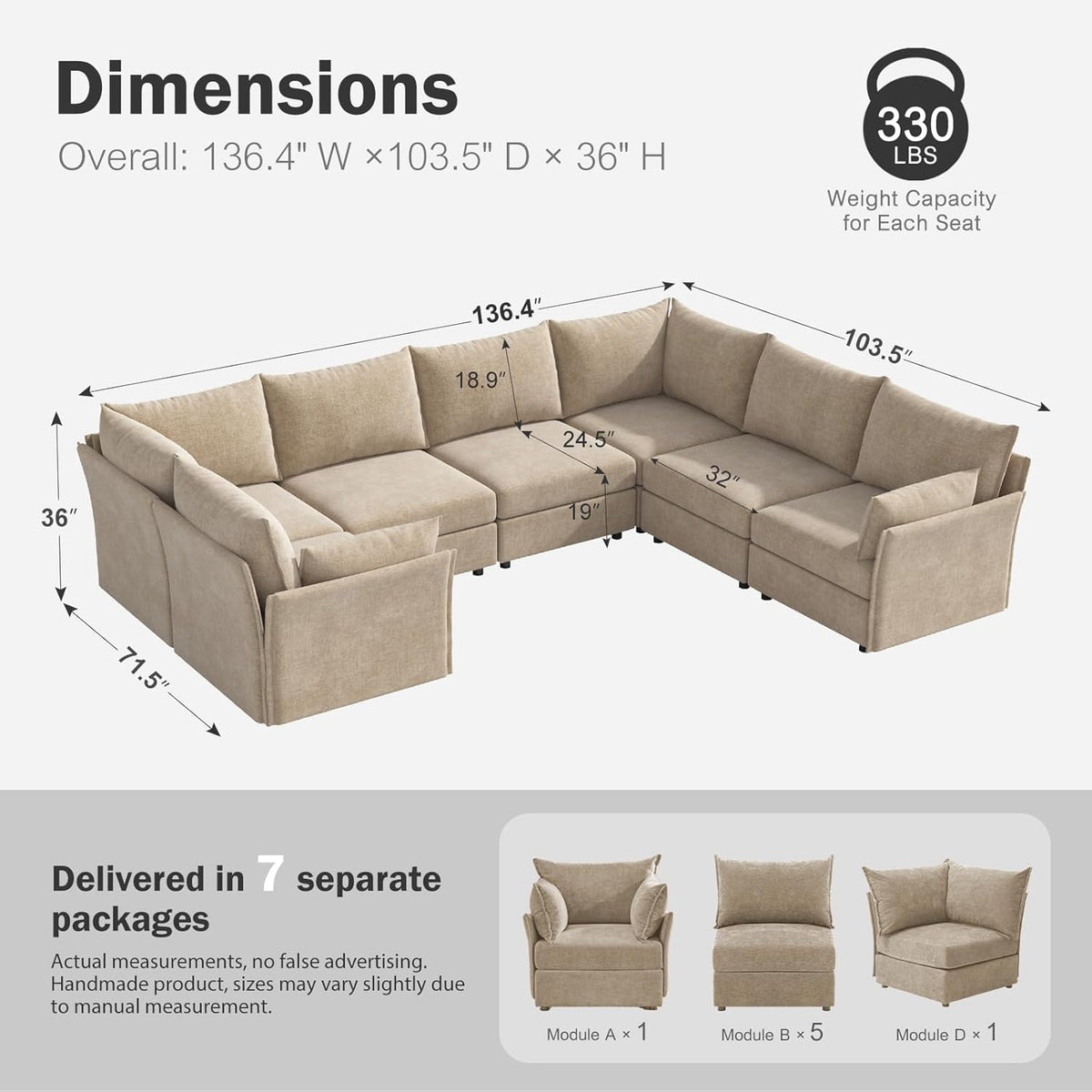 136.4" Oversized Modular Sectional Sofa, U Shaped Convertible Couch with Movable Ottoman, Large 7