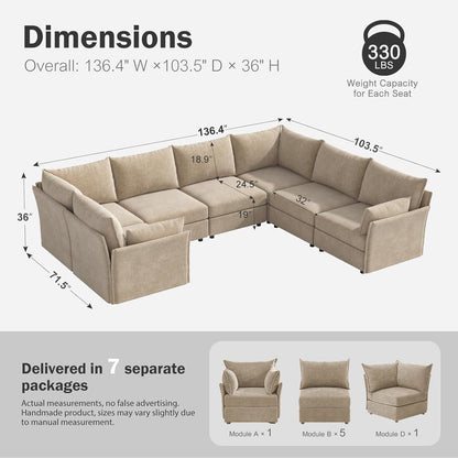 136.4" Oversized Modular Sectional Sofa, U Shaped Convertible Couch with Movable Ottoman, Large 7