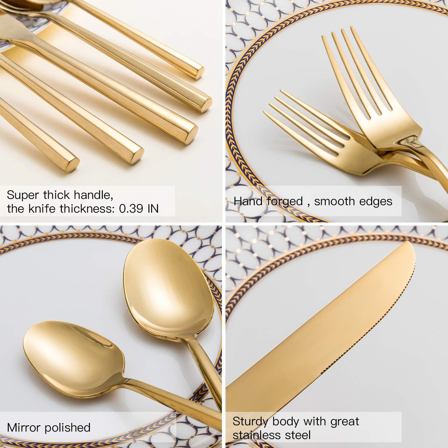 Gold Silverware Set Flatware Set Stainless Steel Cutlery Set 60 Pieces Thick Heavy Hexagon Handle