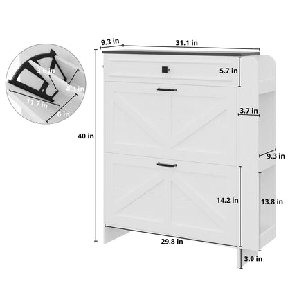 IRONCK Shoe Storage Cabinet with 2 Flip Drawers & Barn Door, White/Black