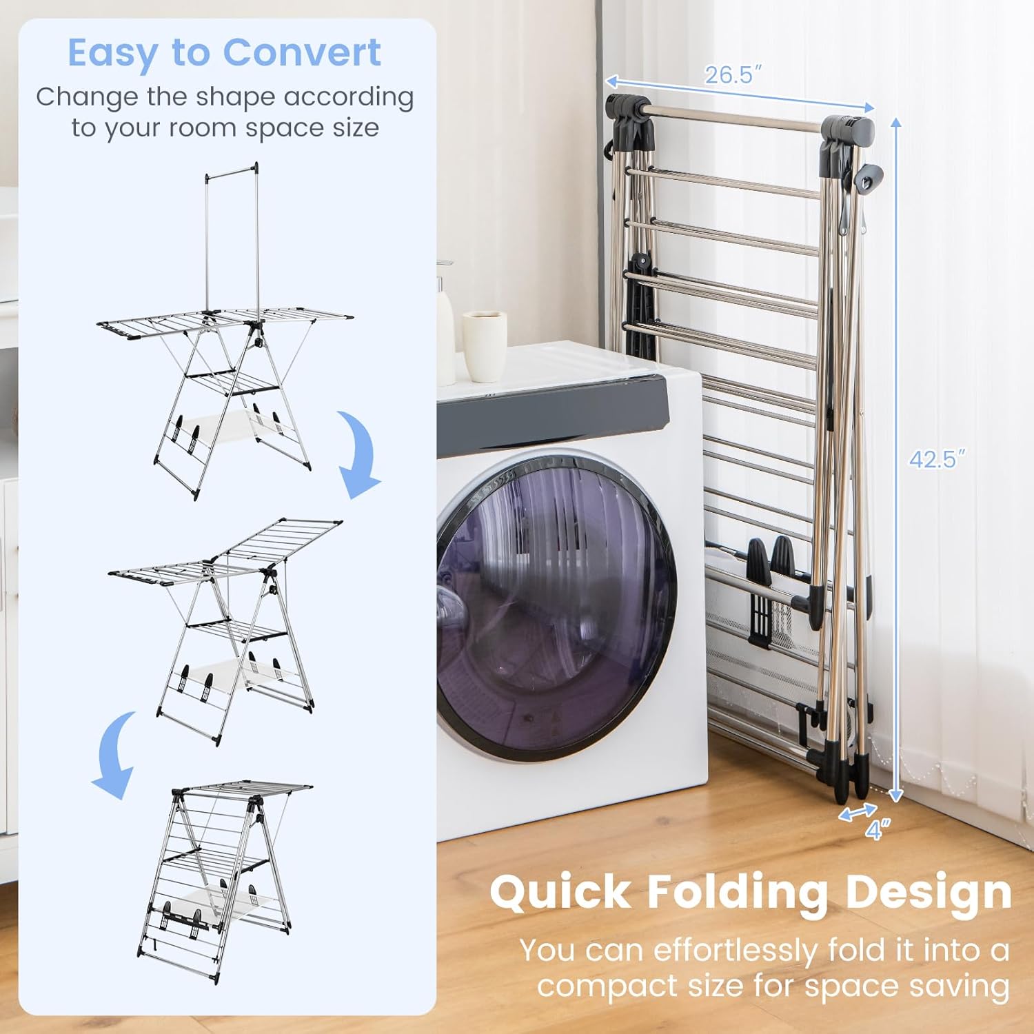 Giantex Clothes Drying Rack, Foldable Laundry Drying Rack with with 6-Level Adjustable Height, High