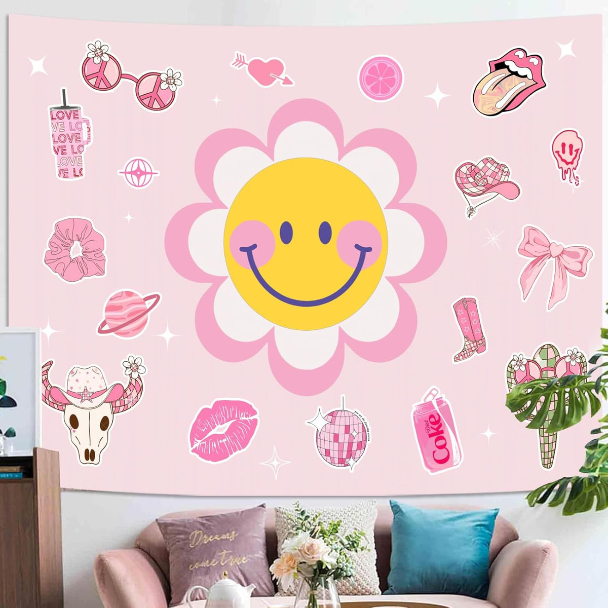 Lunerfex Y2K Tapestry Pink Sun Wall Tapestry, Cute Tapestries for Bedroom Funny Tapestries Wall