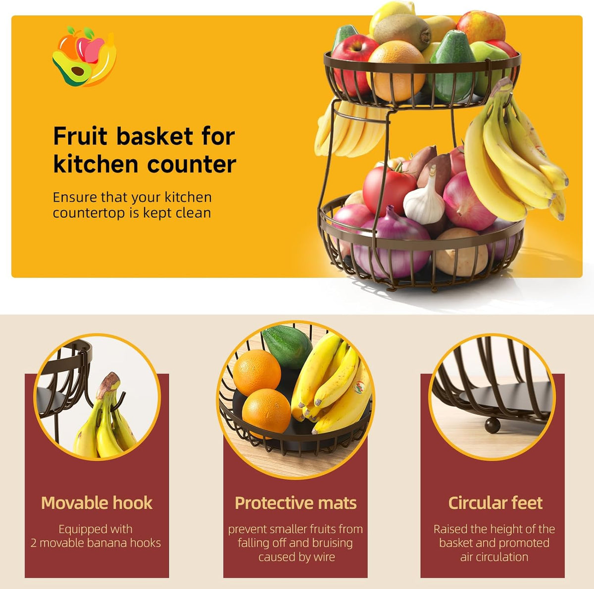 2 Tier Fruit Basket for Kitchen Counter with 2 Banana Hangers, Metal Stackable Fruit Bowl for