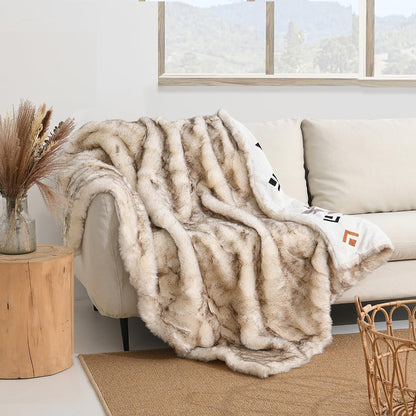 Luxury Plush Faux Fur Throw Blanket with Aztec Pattern, Super Warm, Fuzzy, Elegant, Fluffy