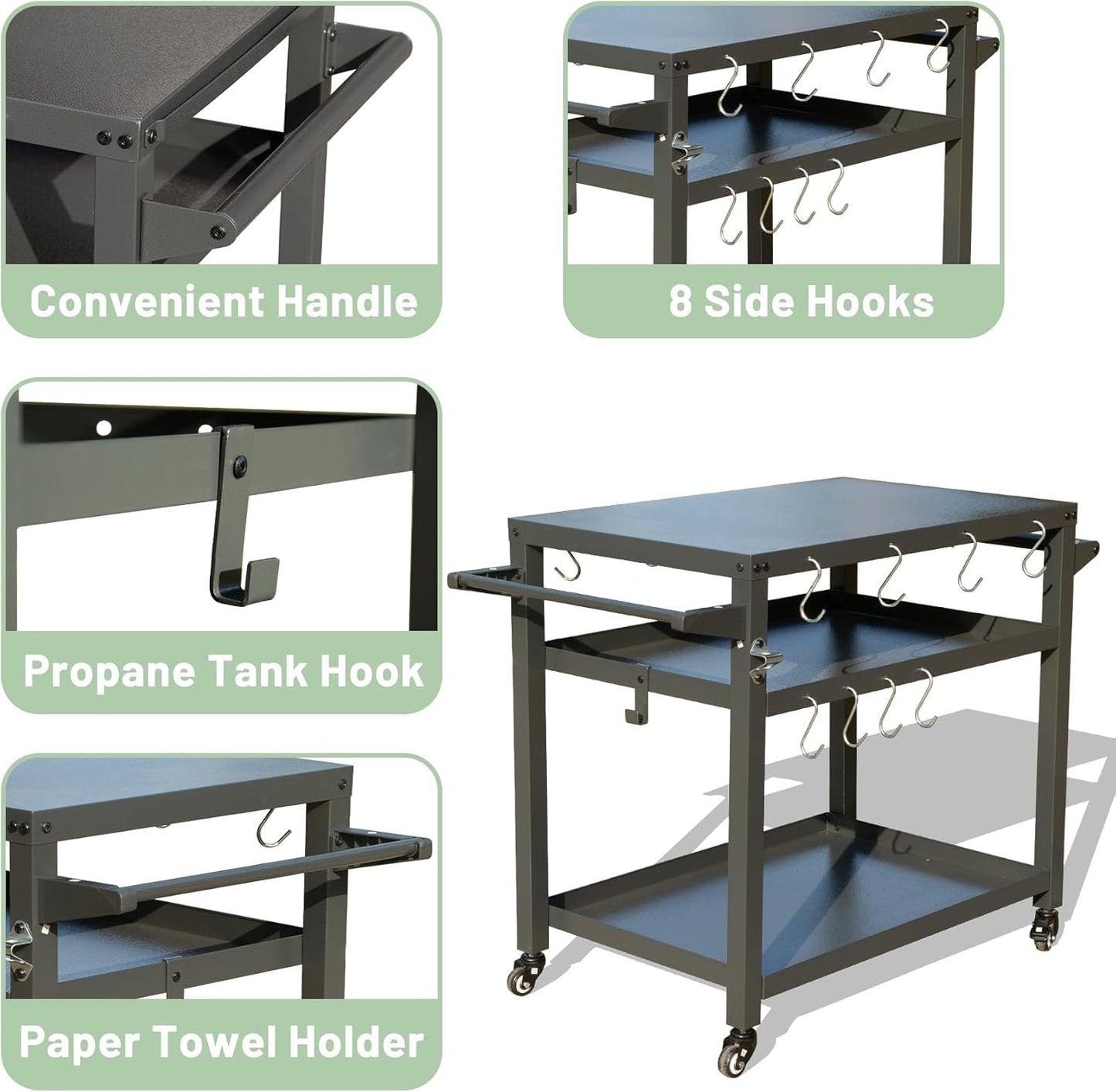 Domi 3-Shelf Outdoor Grill Table, Grill Cart with Wheels, Pizza Oven and Food Prep Table
