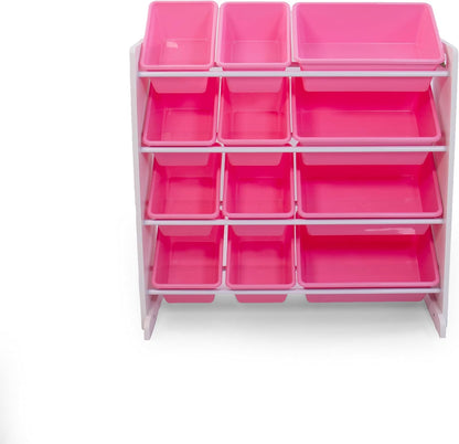 Humble Crew Kids Toy Storage Organizer with 12 Plastic Bins, White/Pink – Removable Bins for