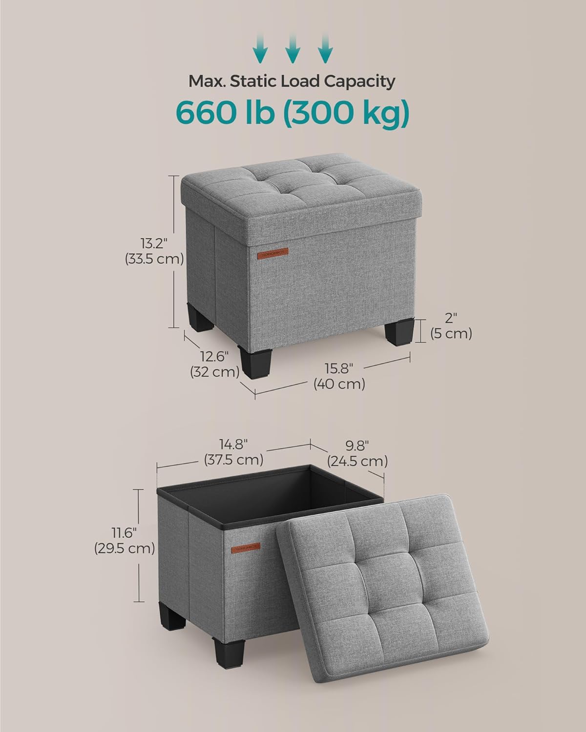 SONGMICS Storage Ottoman, Small Ottoman Foot Rest with Legs, 12.6 x 15.8 x 13.2 Inches Foot Stool