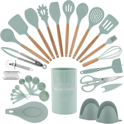 Country Kitchen Non Stick Silicone Utensil Set with Rounded Wood Handles for Cooking and Baking, 38