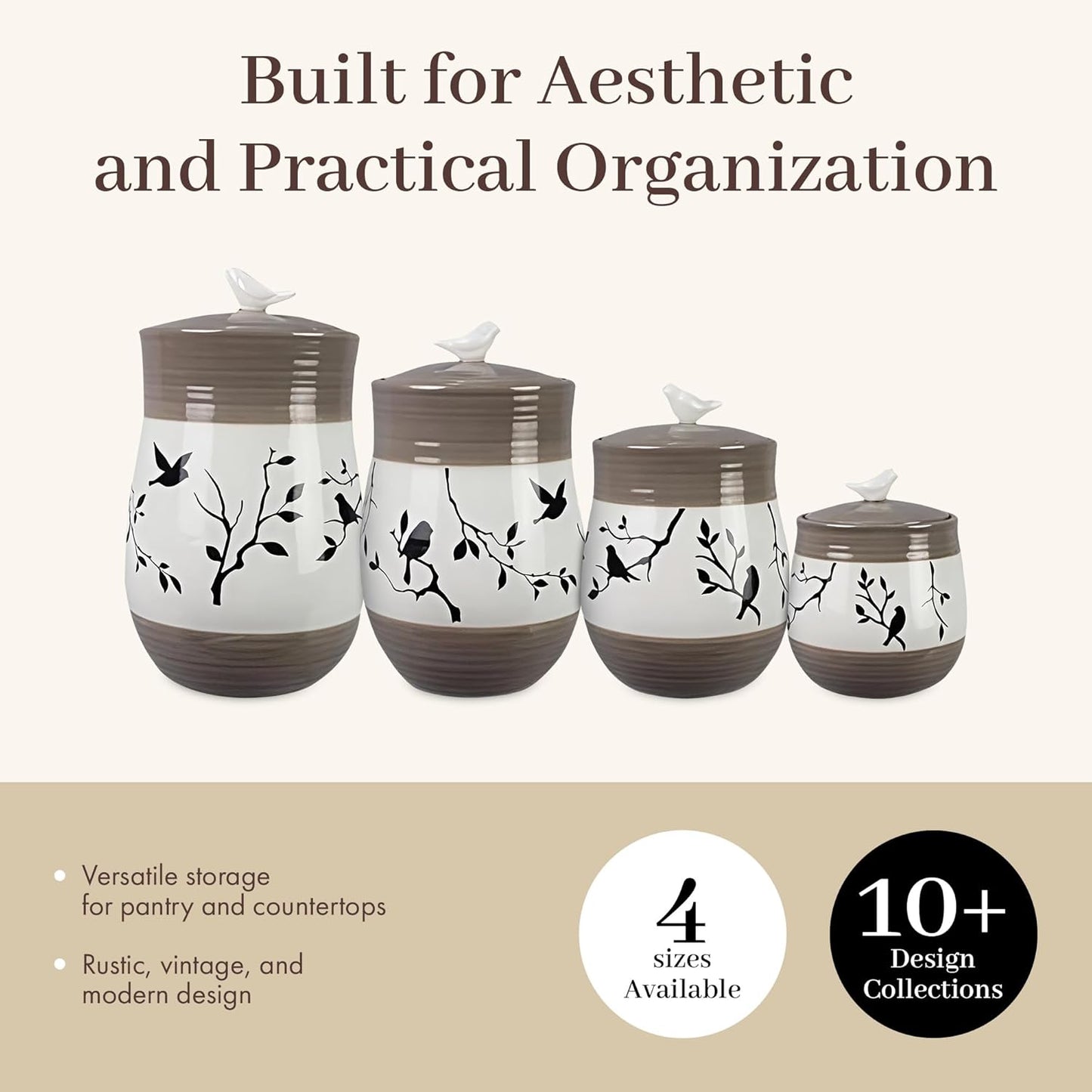 Young's Inc. 4 Pcs Set Botanical Ceramic Canisters- Storage Container for Kitchen and Bathroom