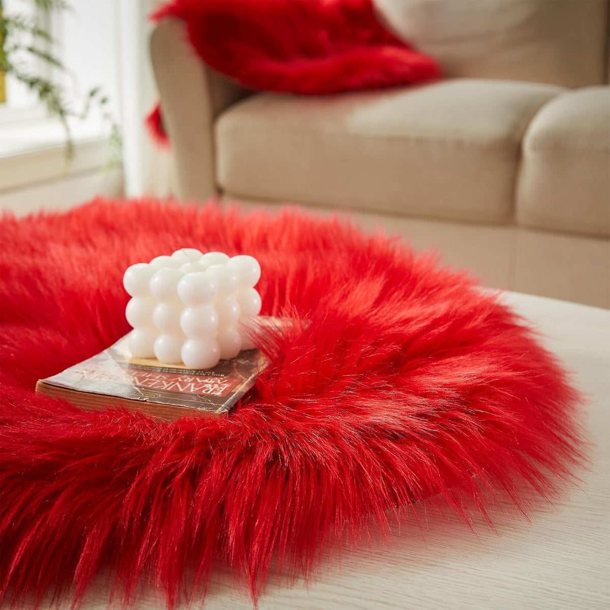 AMTOVO Faux Sheepskin Rug, Red Ultra Soft Fluffy Shag Area Rug, 2 x 6 ft Faux Fur Rug for Bedroom