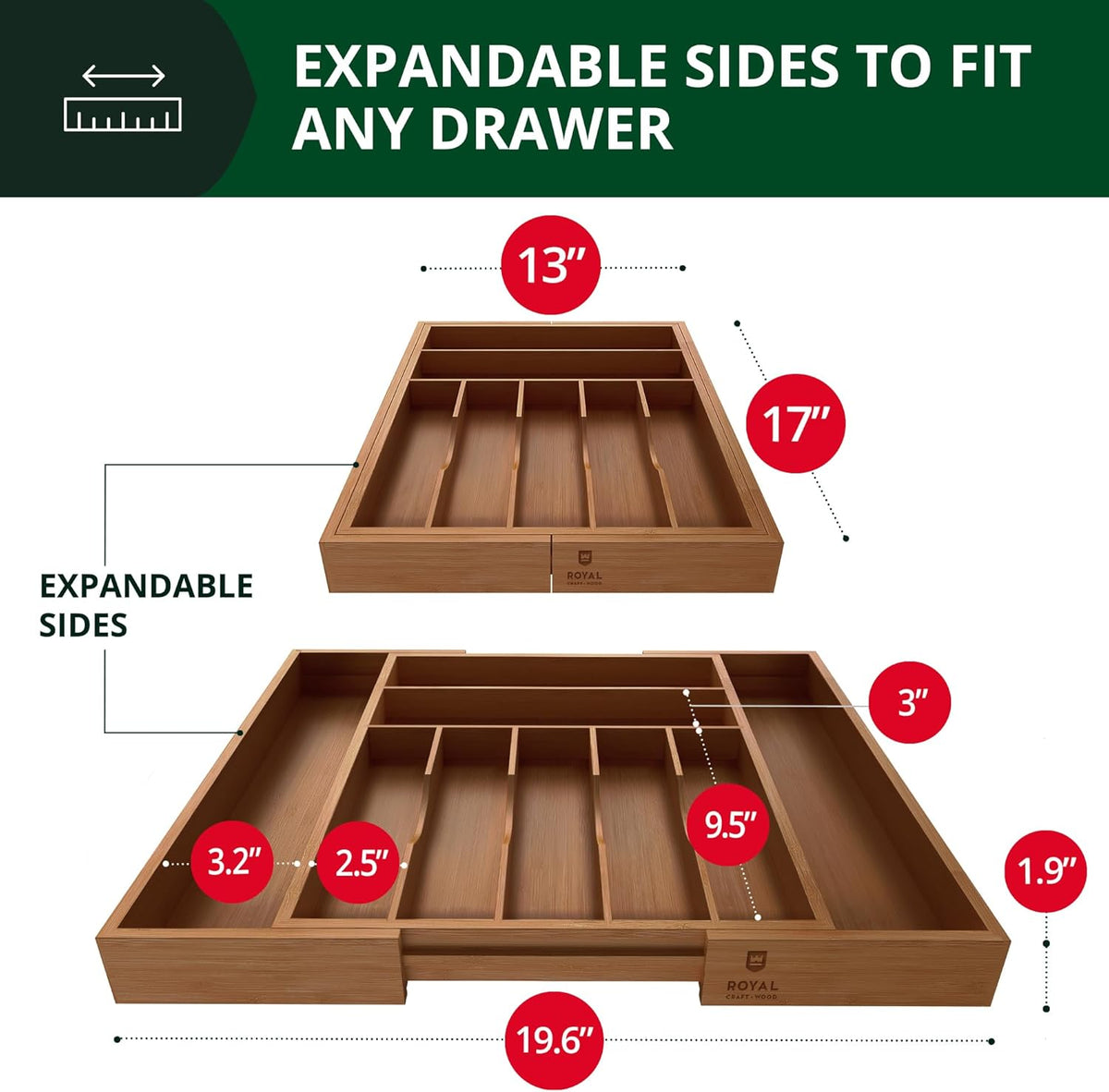 ROYAL CRAFT WOOD Luxury Bamboo Kitchen Drawer Organizer - Silverware Organizer - Utensil Holder and