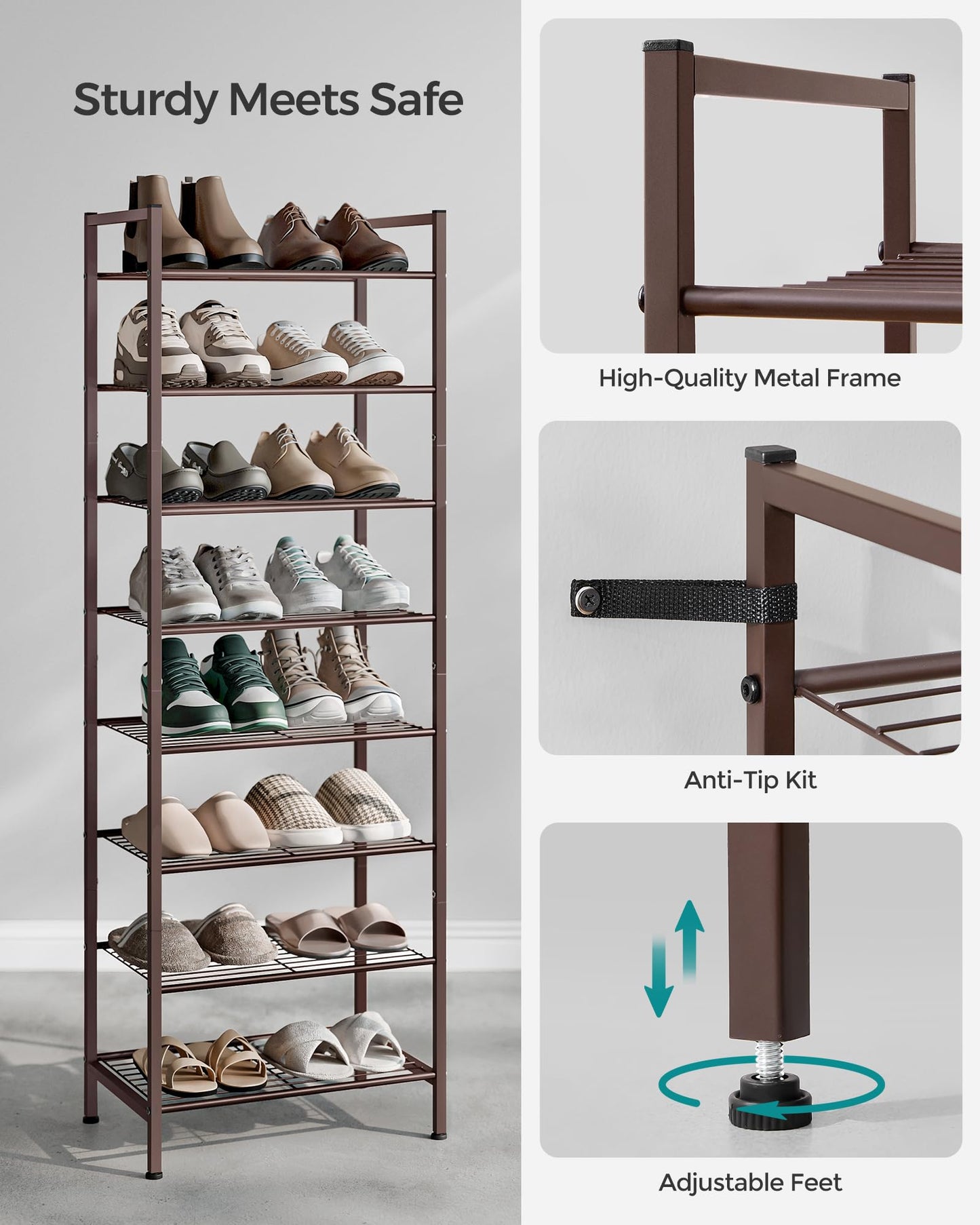 SONGMICS Metal Shoe Rack, Free Standing Shoe Organizer for Entryway Closet Garage Small Spaces