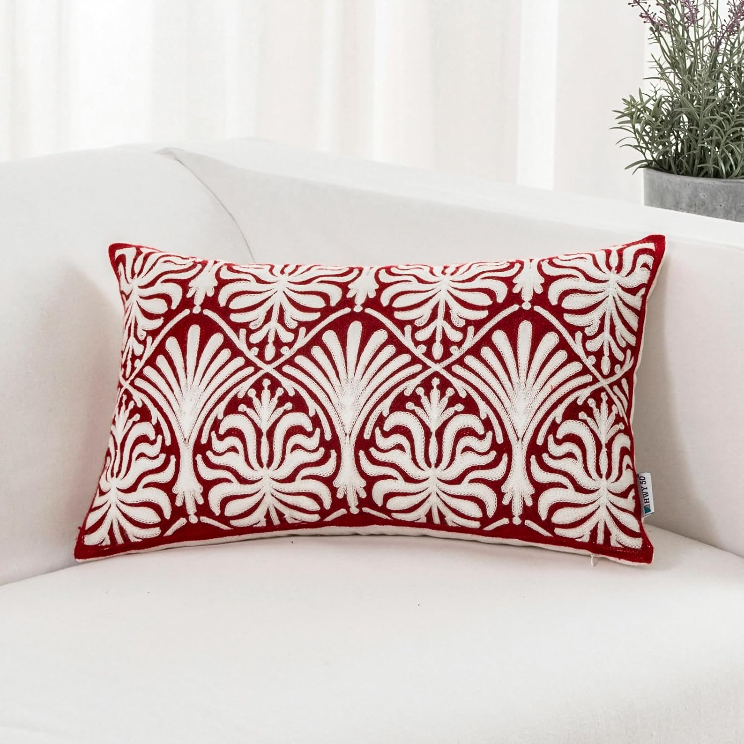 HWY 50 Burgundy Red Decorative Lumbar Pillow Cover Rectangle 12x20 Inch (1 Piece), Embroidered