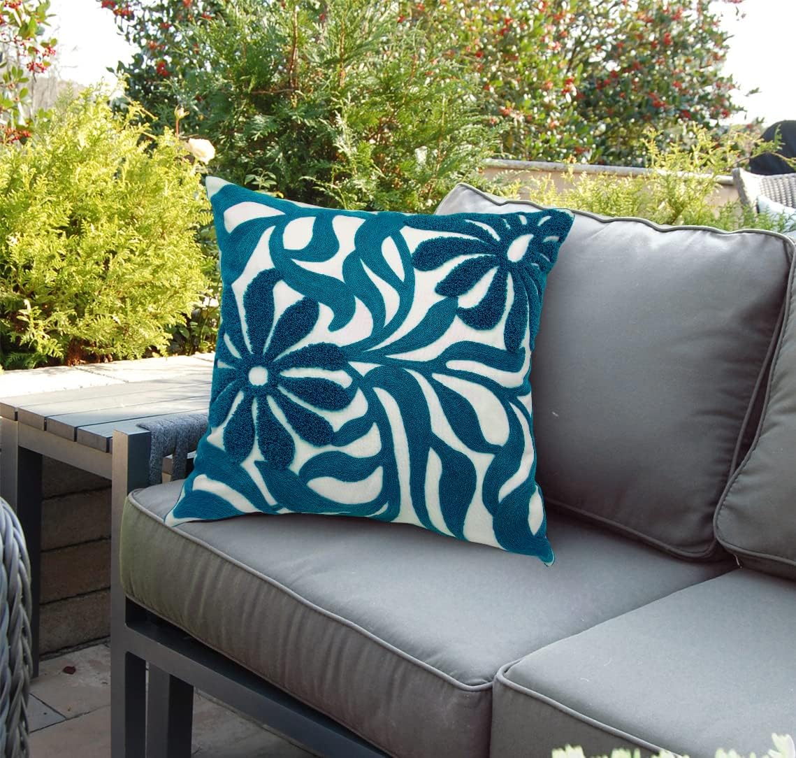 Alysheer Farmhouse Floral Leaves Embroidered Decorative Throw Pillow Cover 18x18 inches, Boho