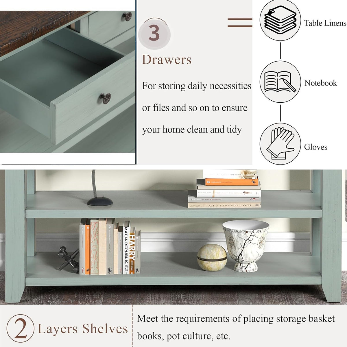 Solid Wood Console Table Sofa Table with Storage Drawers and Bottom Shelf Entryway Table for Entry