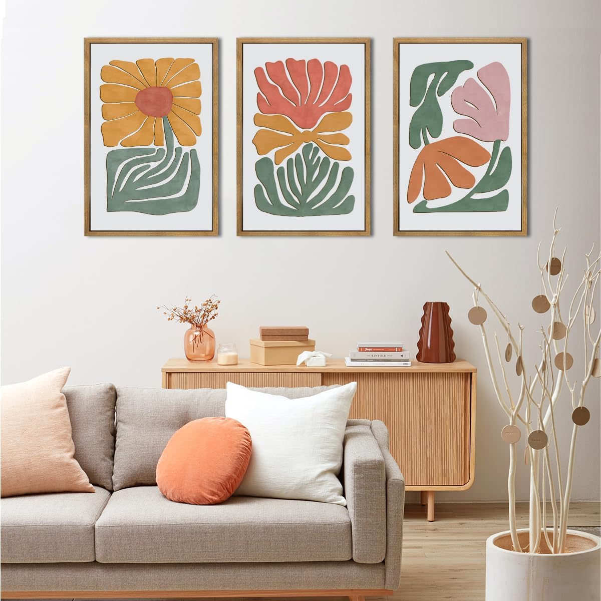 Large Abstract Boho Floral Wall Art Set Colorful Botanical Wood Wall Decor Modern Mid Century