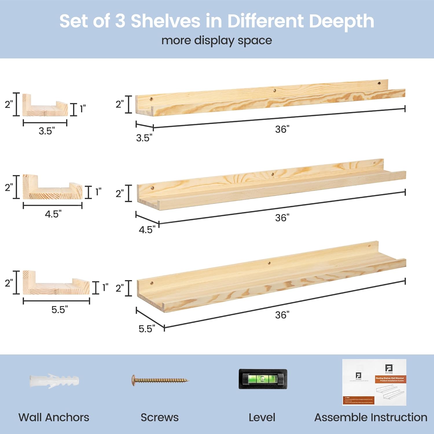 Picture Ledge Shelf for Wall, 36 inches Solid Pine Wood Nursery Book Shelves 3 Packs, Floating