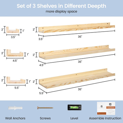 Picture Ledge Shelf for Wall, 36 inches Solid Pine Wood Nursery Book Shelves 3 Packs, Floating