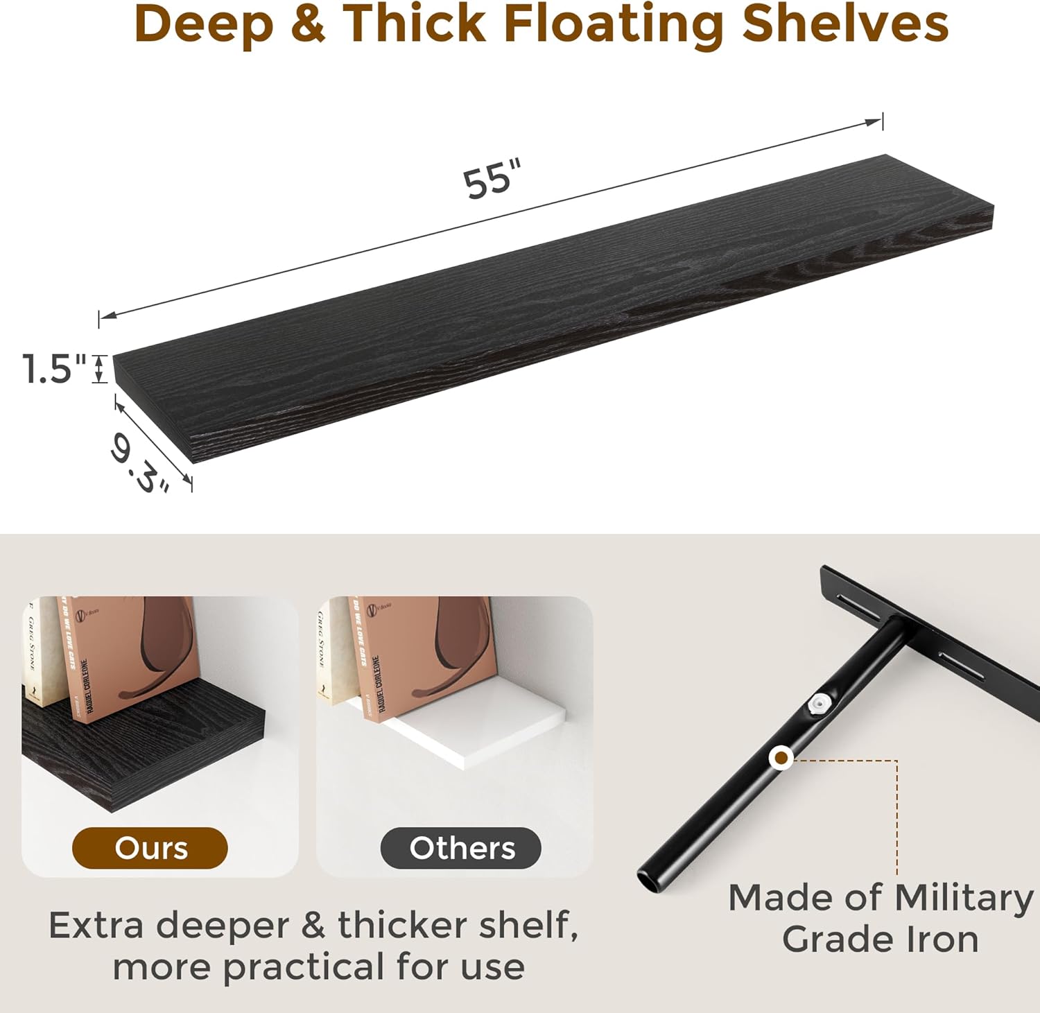 Fun Memories Floating Shelves 55 Inch Set of 2, Black 55 x 9 Wall Shelves for Home Decor Storage