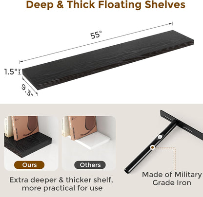 Fun Memories Floating Shelves 55 Inch Set of 2, Black 55 x 9 Wall Shelves for Home Decor Storage