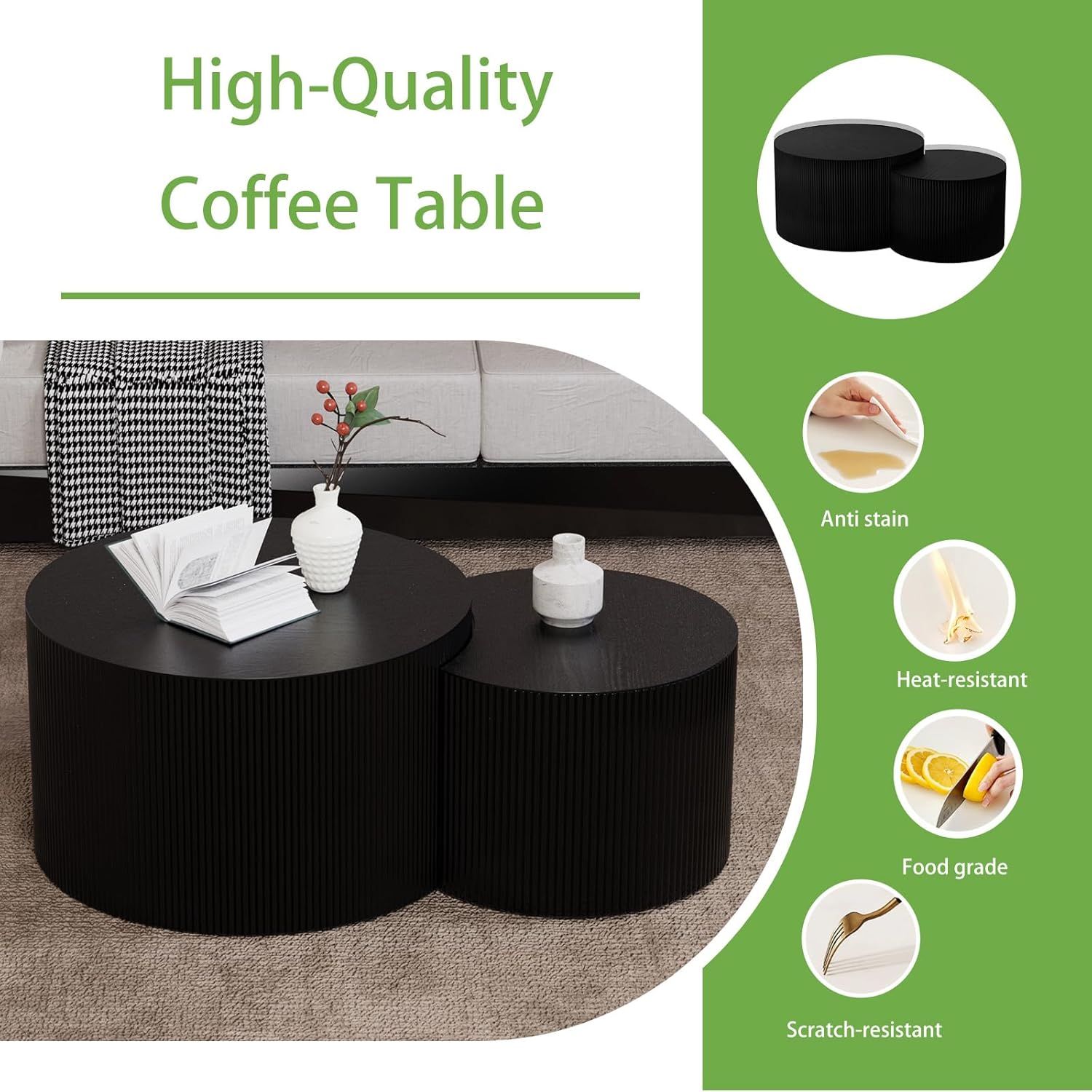Round Coffee Table Set of 2, Nesting Coffee Table and End Table Set Small Circle Drum Side Table