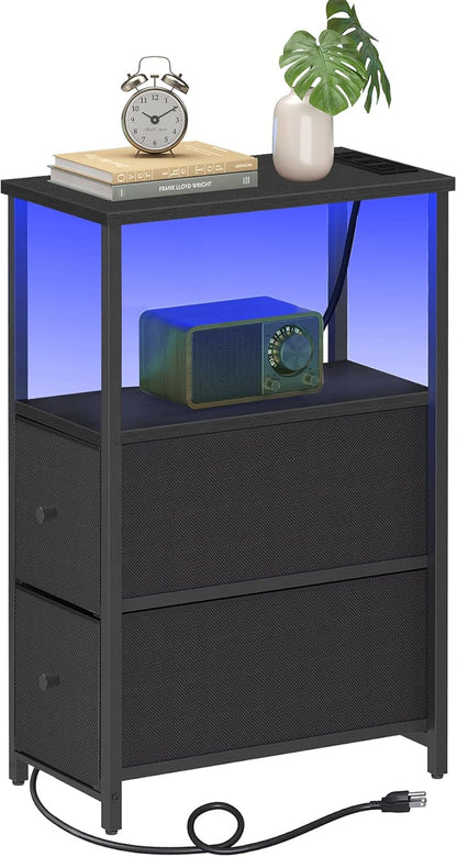 TUTOTAK Small Narrow LED End Table with Charging Station, Side Table Outlets, Nightstand with 2
