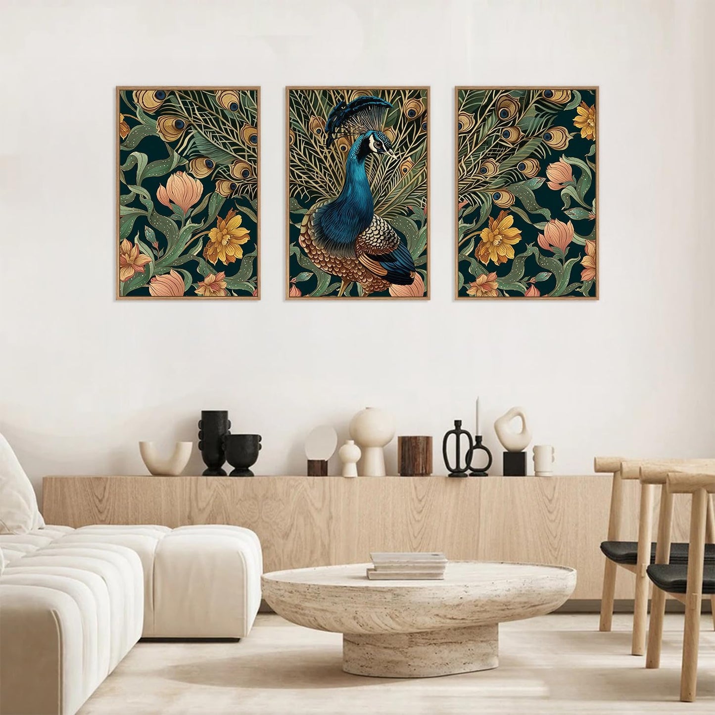 HLNIUC Peacock Framed Canvas Wall Art,Large Peacock Flower Wall Decor Set of 3(16”x24”)Modern
