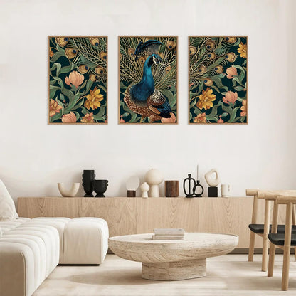 HLNIUC Peacock Framed Canvas Wall Art,Large Peacock Flower Wall Decor Set of 3(16”x24”)Modern