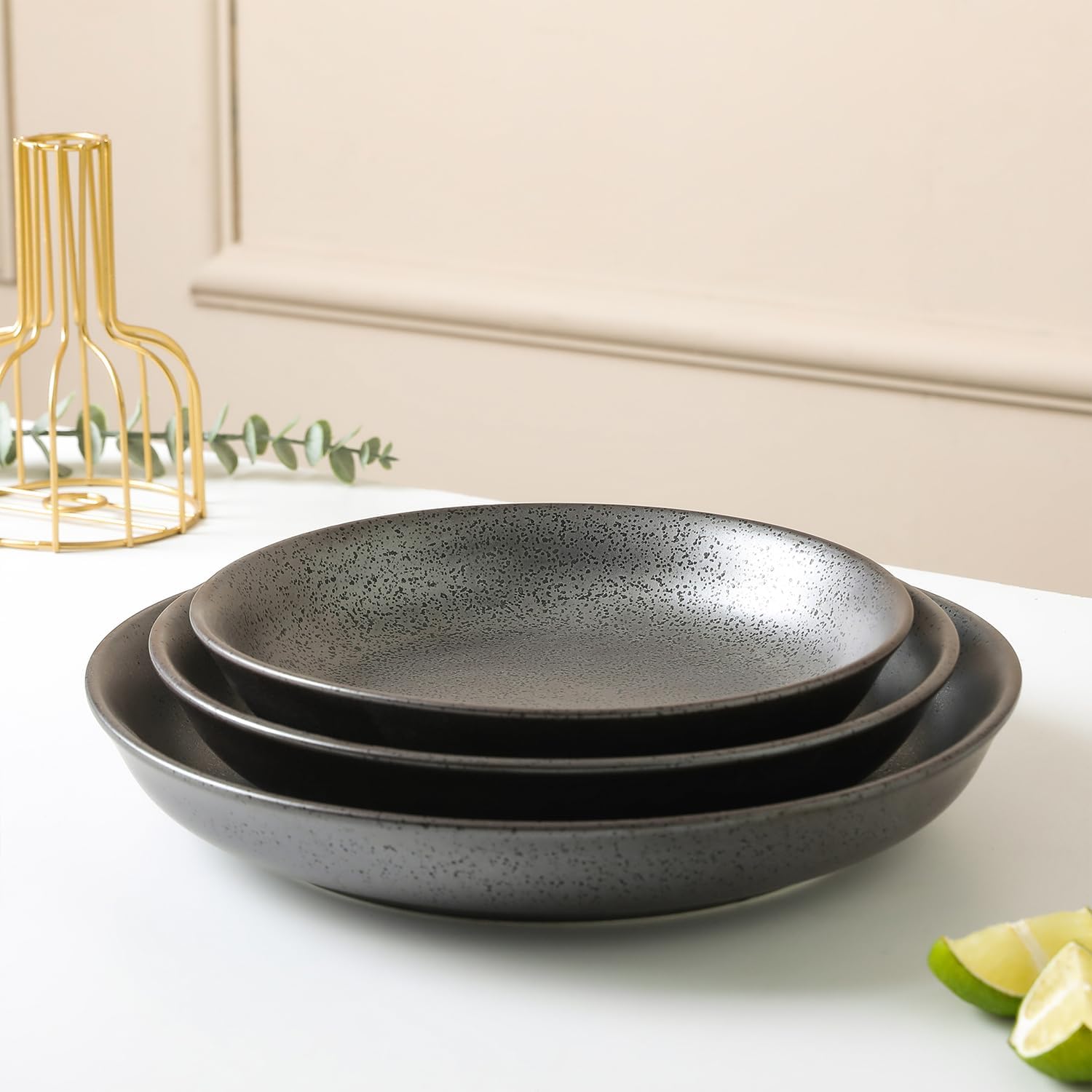Stone lain Valencia Porcelain 3-Piece Round Bowl Serving Set, Metallic Grey