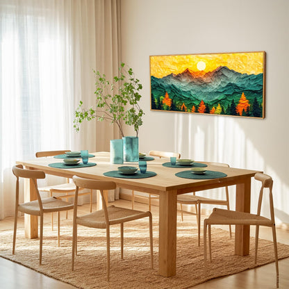 Abstract Sun Mountain Framed Canvas Wall Art Set, Forest Pine Tree Golden Sunset Wall Decor, Mixed