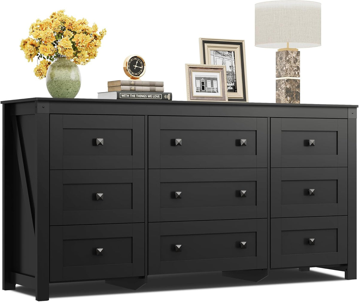 WLIVE Farmhouse Dresser for Bedroom, 63" Wide 9 Drawer Dresser Storage Organizer, Wood Chest of