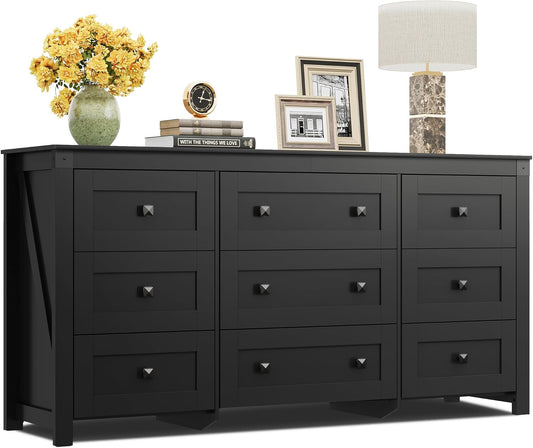 WLIVE Farmhouse Dresser for Bedroom, 63" Wide 9 Drawer Dresser Storage Organizer, Wood Chest of