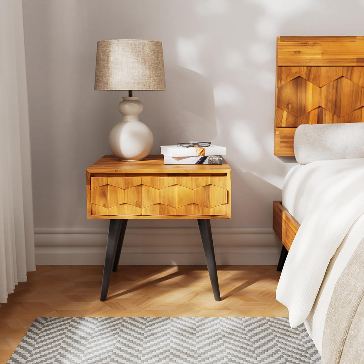 Bme Georgina Solid Wood Nightstands with Drawers - Fully Assembled Rustic Geometric Pattern Bedside