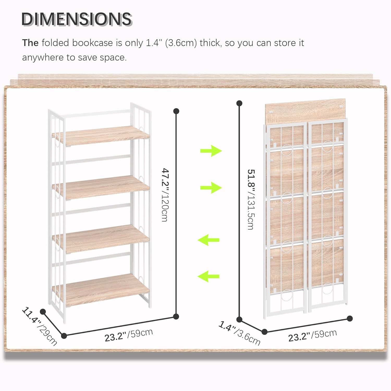 4NM No Assembly 4 Tiers Folding Bookshelf, 47.2" H Foldable Storage Shelves Vintage Bookcase