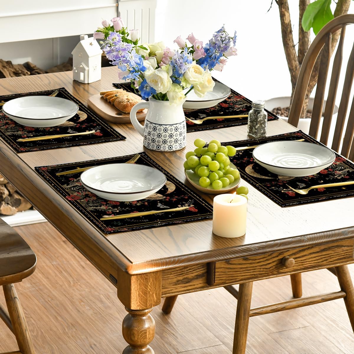 Artoid Mode Black Poppy Moth Moon Placemats Set of 4, 12x18 Inch Floral Spring Table Mats for