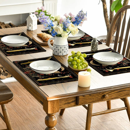 Artoid Mode Black Poppy Moth Moon Placemats Set of 4, 12x18 Inch Floral Spring Table Mats for