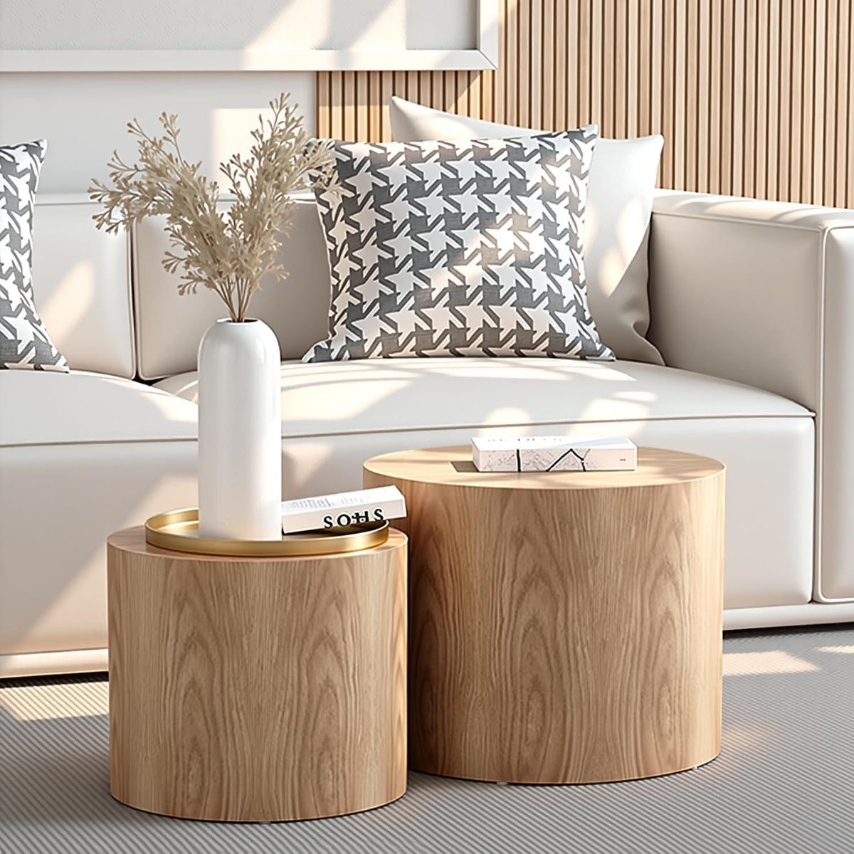 Nesting Coffee Table Set of 2, Modern Round Coffee Table with Non-Slip Feet, Oak Wooden Circle