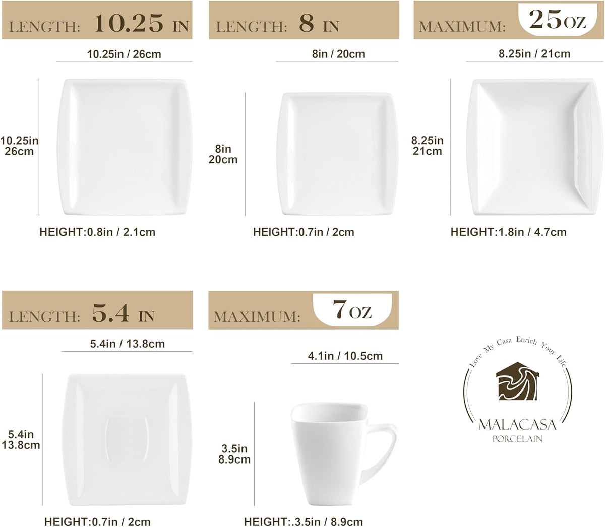 MALACASA Plates and Bowls Sets, Square Dinnerware Sets for 6 (30pcs), Series Blance