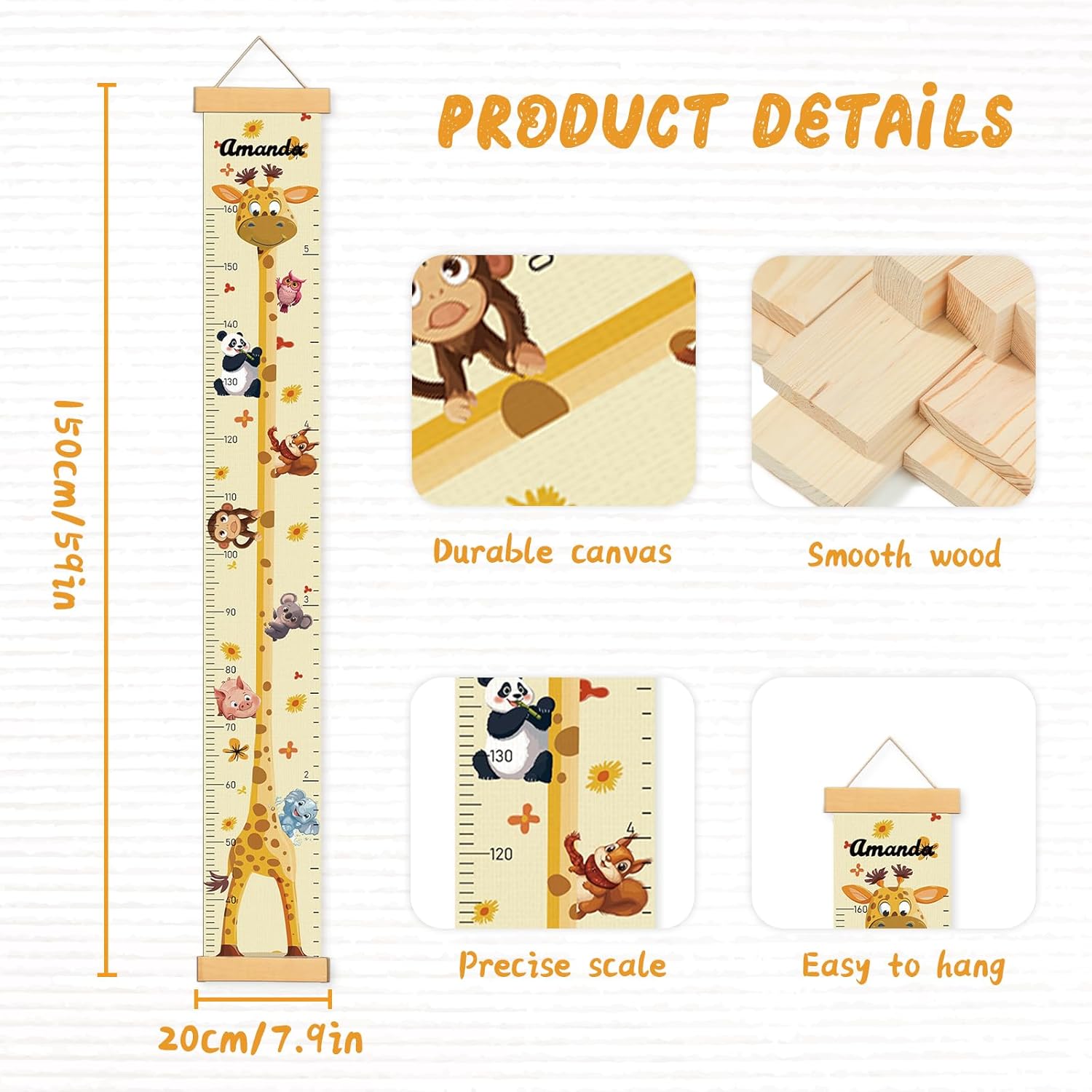 Personalized Name Growth Chart Wall Decor for Kids – Canvas Removable Height Chart Measuring Ruler