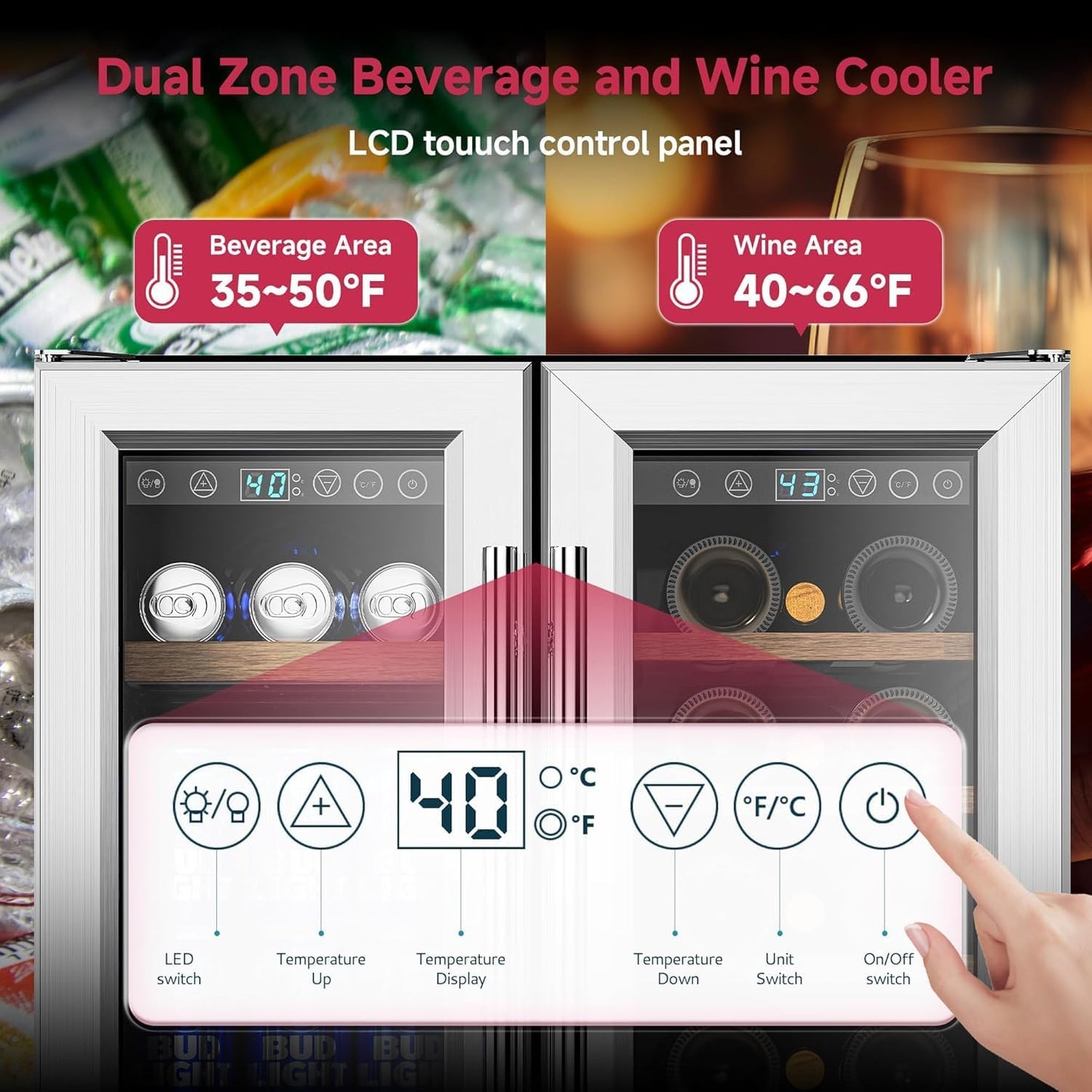 24" Wine and Beverage Refrigerator, Dual Zone Wine Cooler with Glass Door, Hold 88 Cans & 21
